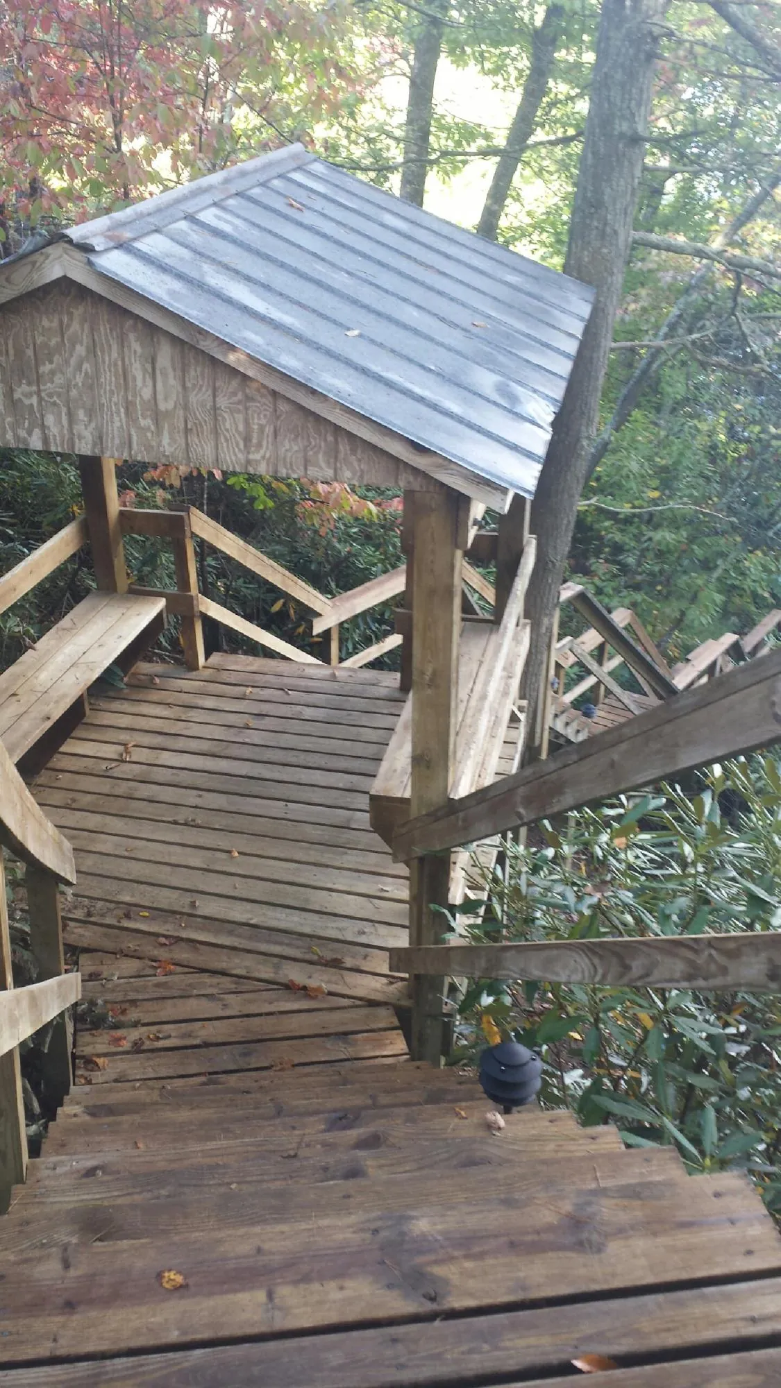Metal roofed shelter over wooden steps on a wooded walkway — Skylight Repair & Installation work by our crew in New Carlisle